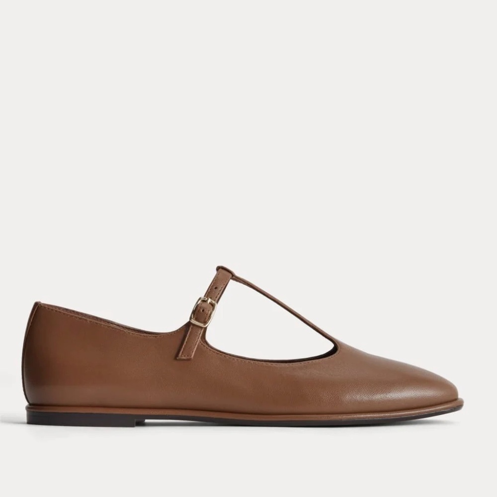 Everlane The Leather T-Strap Flat Rum Brown Leather 8 - Picture 7 of 11